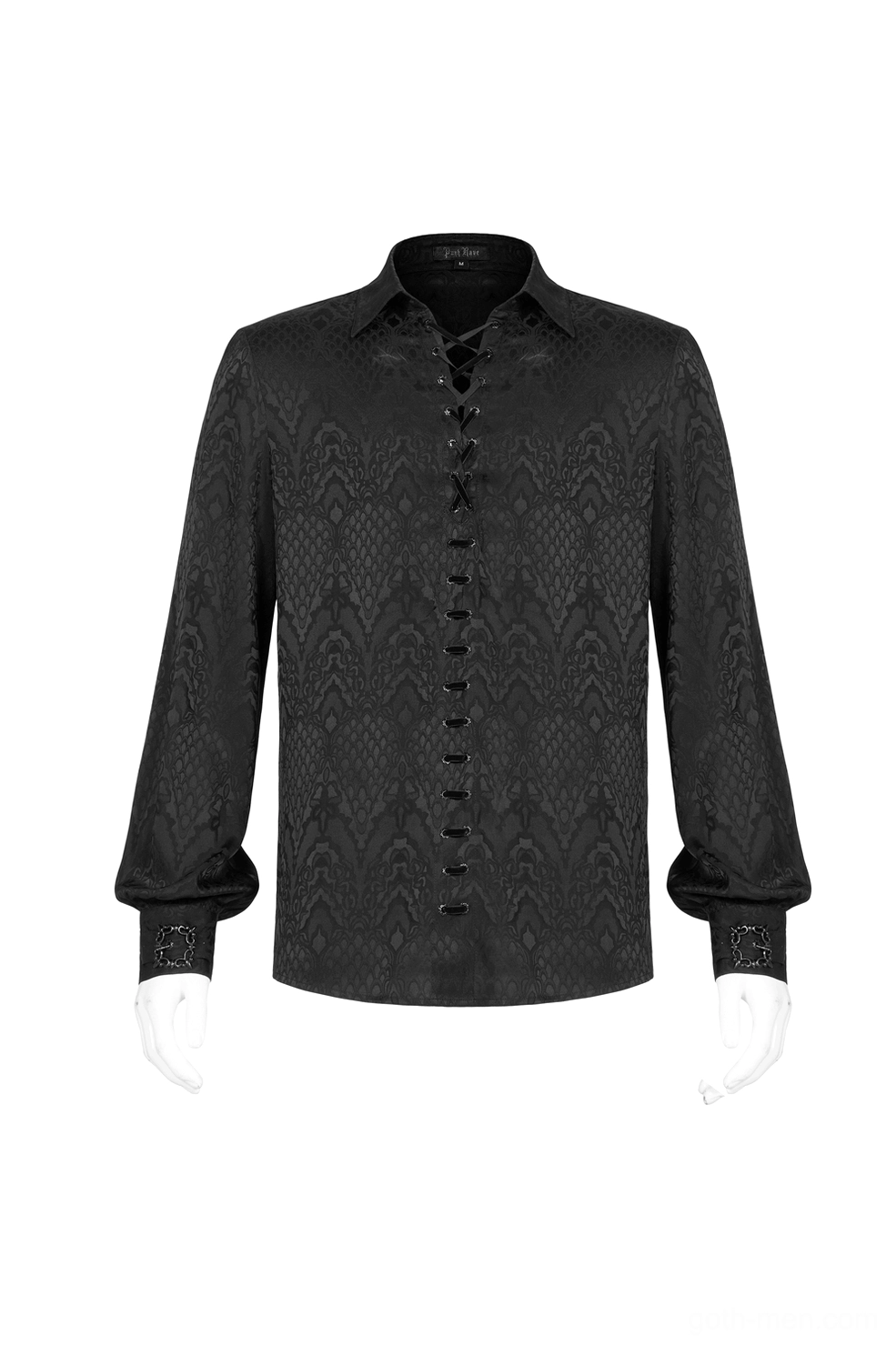 Men's gothic lace-up shirt with pointed collar and bishop sleeves, front full view detail