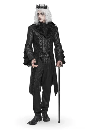 Full front view of men's gothic lace-up tailcoat with velvet lapel, male model wearing white hair and crown, black synthetic leather with intricate front lacing and ruffled bell sleeves