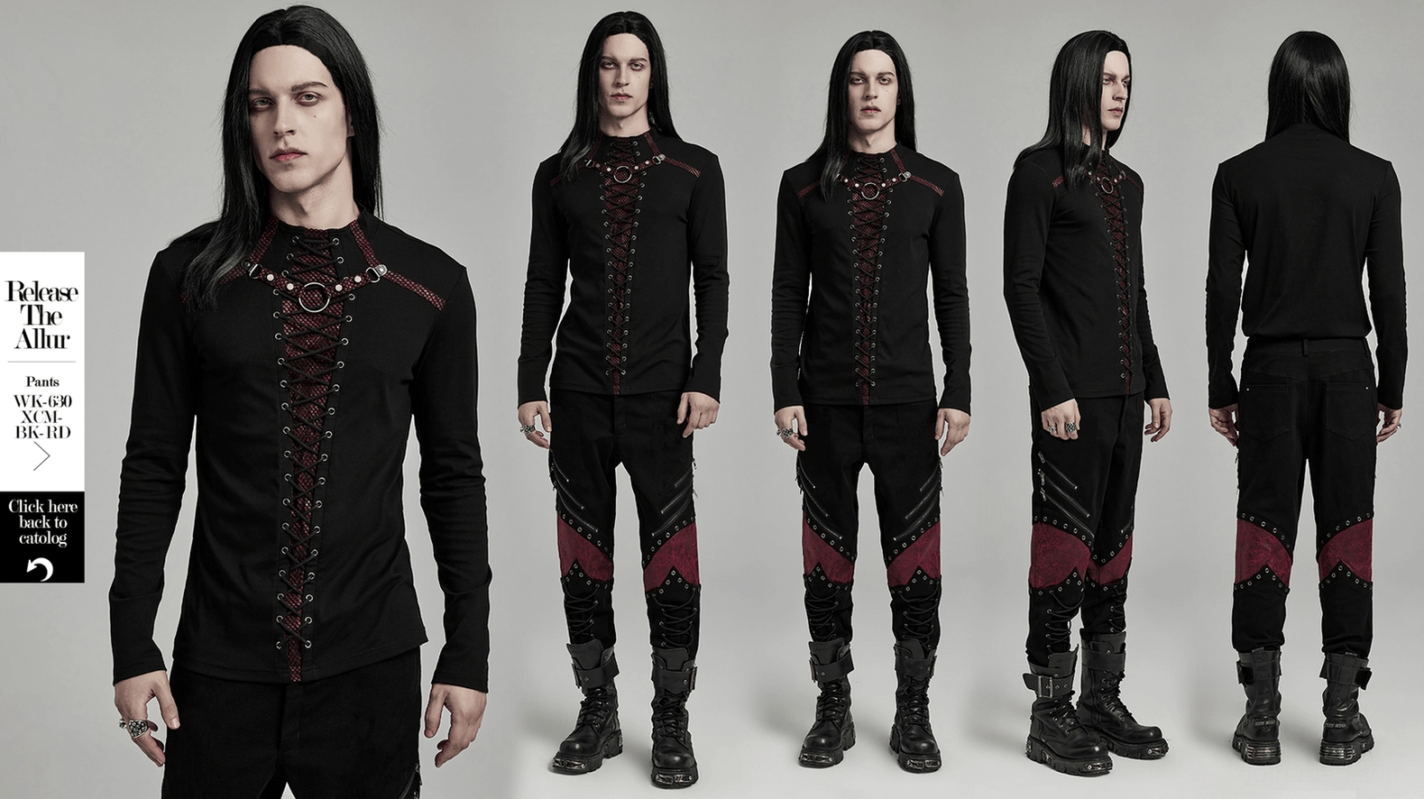 Men's gothic lace-up long sleeve top primary product image showing front lace-up design with red mesh and iron ring collar on black fabric