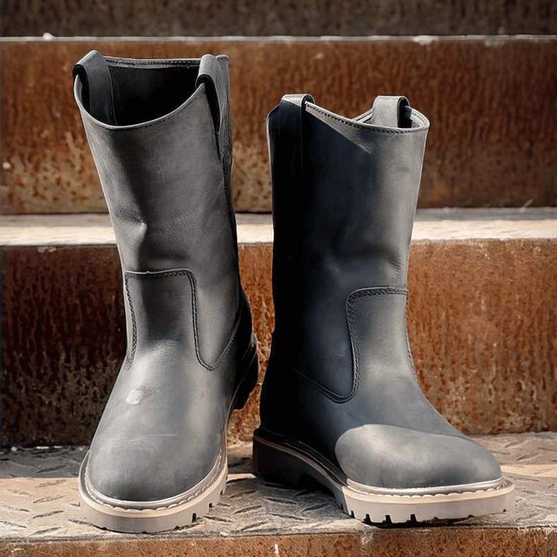 Men's gothic buckle leather boots full product view black and brown colorways