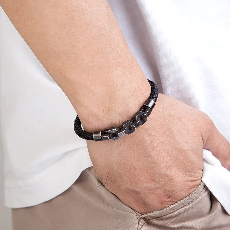 Men's gothic leather chain bracelet worn on wrist showing fit and everyday styling with casual darkwear aesthetic