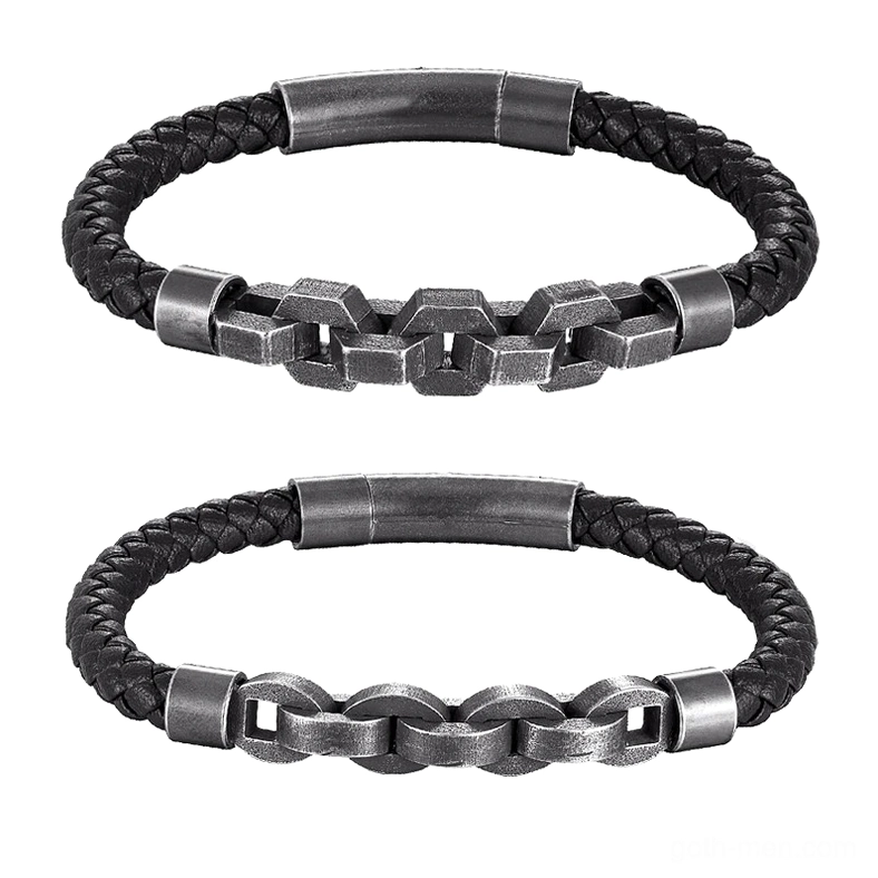 Comparison of two men's gothic leather bracelets - Black Styles 1 and 2 flat lay showing chain link variations and leather texture details