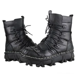 Men's genuine leather black gothic combat boots with metal buckles and multi-lace closure, three-quarter front view showing thick lug outsole and industrial details