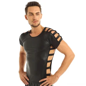 Men's black faux leather gothic cutout t-shirt front three-quarter view with shoulder and side elastic strap details