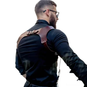 Gothic leather body harness for men - rear view displaying dual back adjustment buckles and upper back strapping
