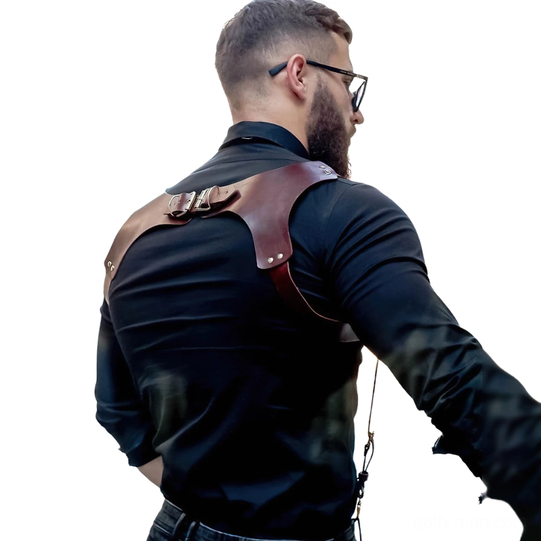 Gothic leather body harness for men - rear view displaying dual back adjustment buckles and upper back strapping
