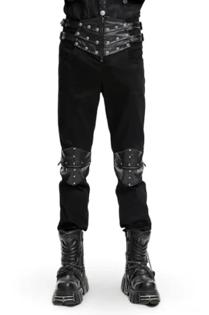 Men's gothic leather strap pants front view with studded details and knee panels
