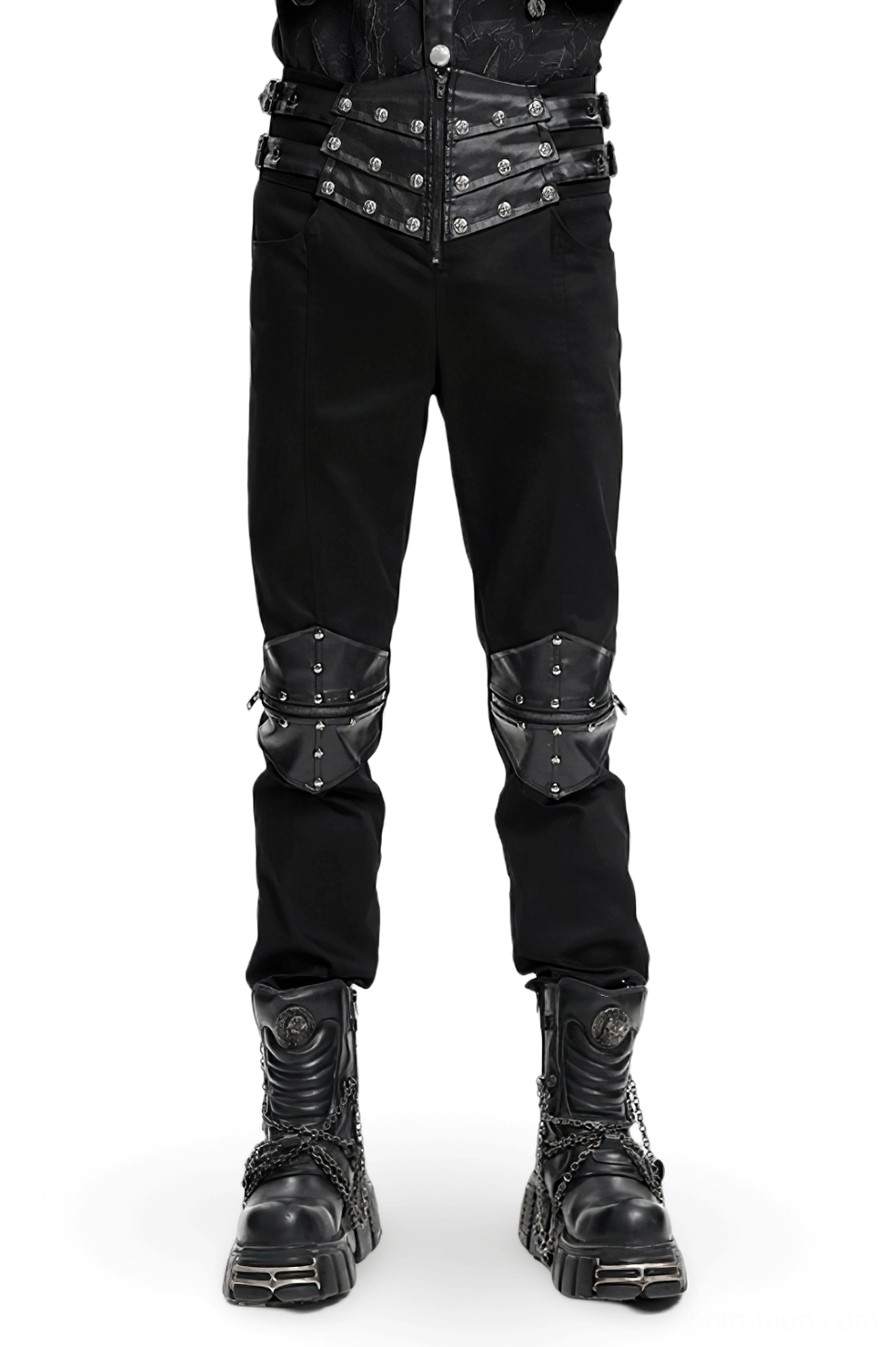 Men's gothic leather strap pants front view with studded details and knee panels