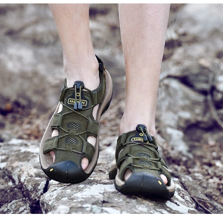 Men's gothic leather sandals with buckle closure and premium cow leather upper material