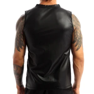Black faux leather gothic tank top rear view showing smooth sleeveless back design