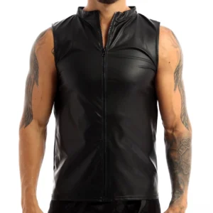 Black faux leather gothic zip-up tank top for men, front view on model with stand collar and full front zipper