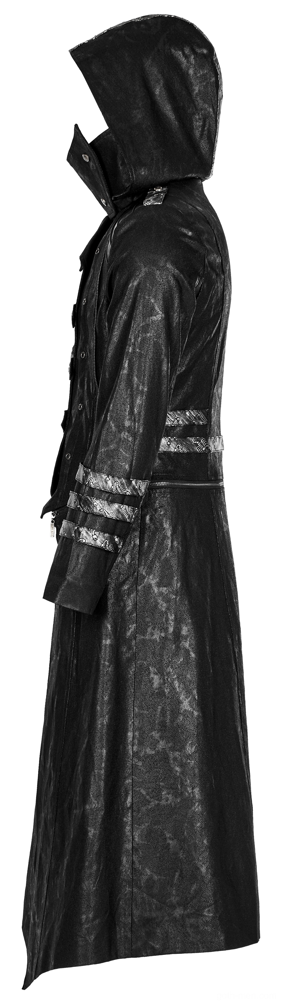 Men's gothic longline coat side profile showing fitted silhouette and floor-length hem
