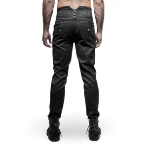 Black gothic jacquard trousers rear view showing triple button back waist closure and buttoned pockets