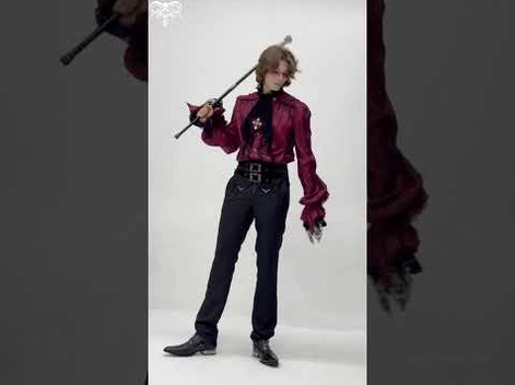 Men's Victorian gothic jacquard pants styled with red gothic top and cane prop - cosplay inspired dark fashion aesthetic