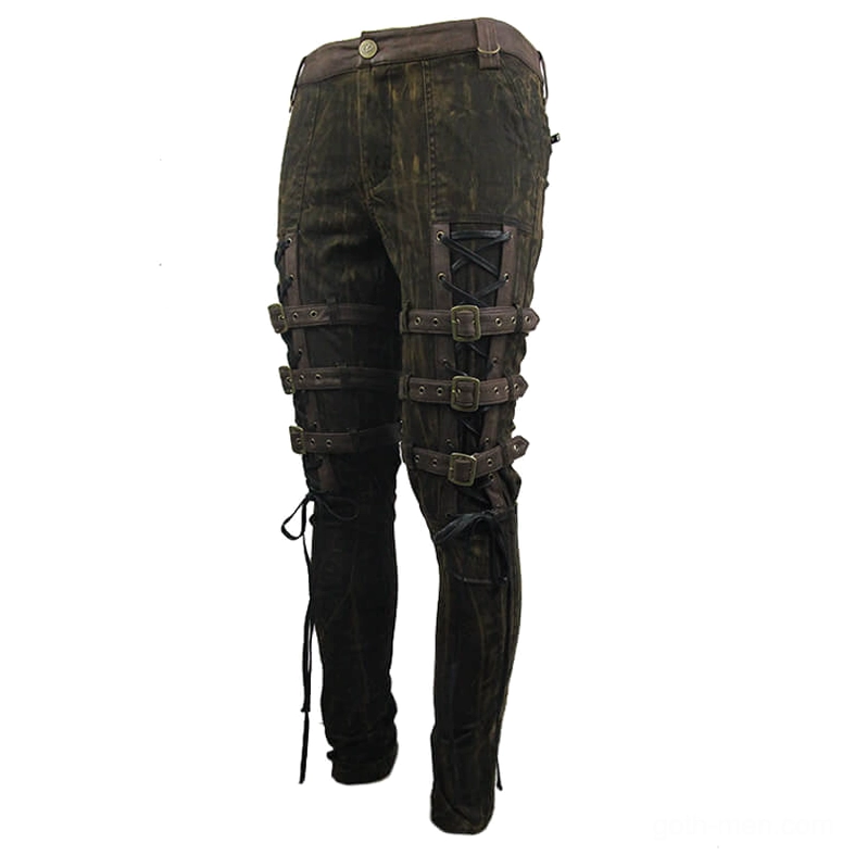 Men's gothic cargo pants side-rear angle displaying leather buckles, lace-up leg hardware, and faded cotton texture