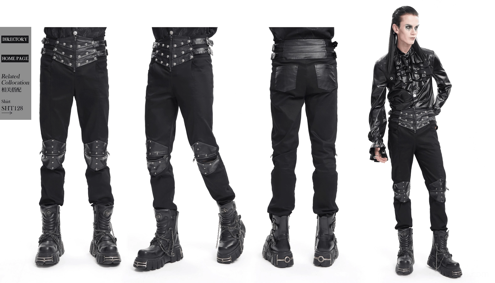 Men's gothic leather pants structural design with metal studs and straps
