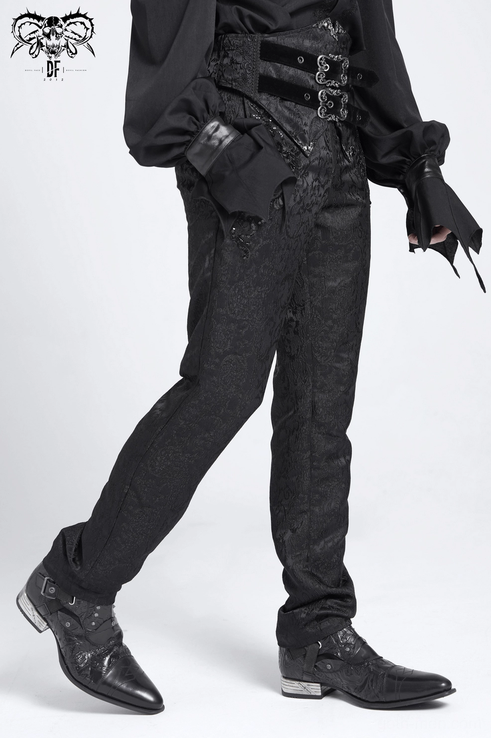 Men's Victorian jacquard pants styled ensemble - showing how to coordinate gothic pants with alternative fashion accessories