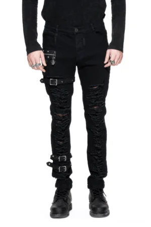 Front full view of black gothic slim-fit pants with multiple buckles, zippers, and strategic ripped knee details