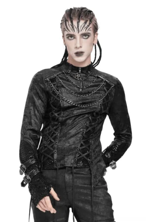 Men's Gothic Pentagram Lace-Up Top with Chain Details - Front View on Male Model