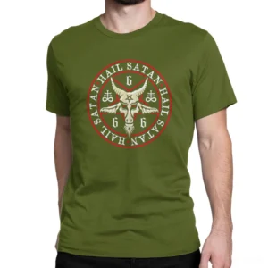 Men's army green inverted pentagram gothic t-shirt with hail satan goat design front view