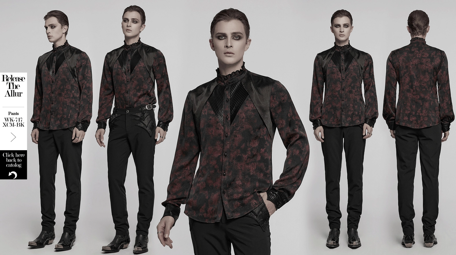 Main product shot of men's black gothic pleated collar shirt with wine-red floral damask print, leather details, and skull button closures