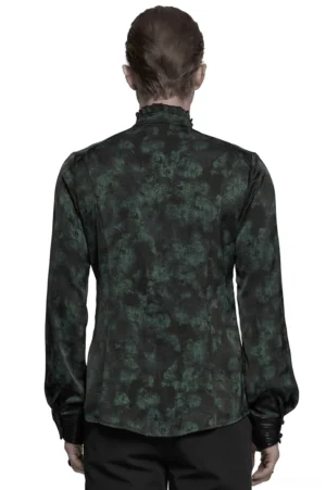 Men's gothic pleated shoulder shirt rear full-length view on model showcasing back silhouette and layered shoulder detail