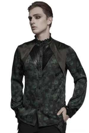 Men's gothic pleated shoulder shirt with skull buttons front three-quarter view on model in pure white studio background