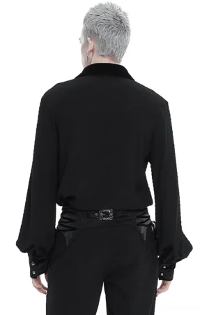 Black gothic lace-up shirt rear view on model with formal belted trousers