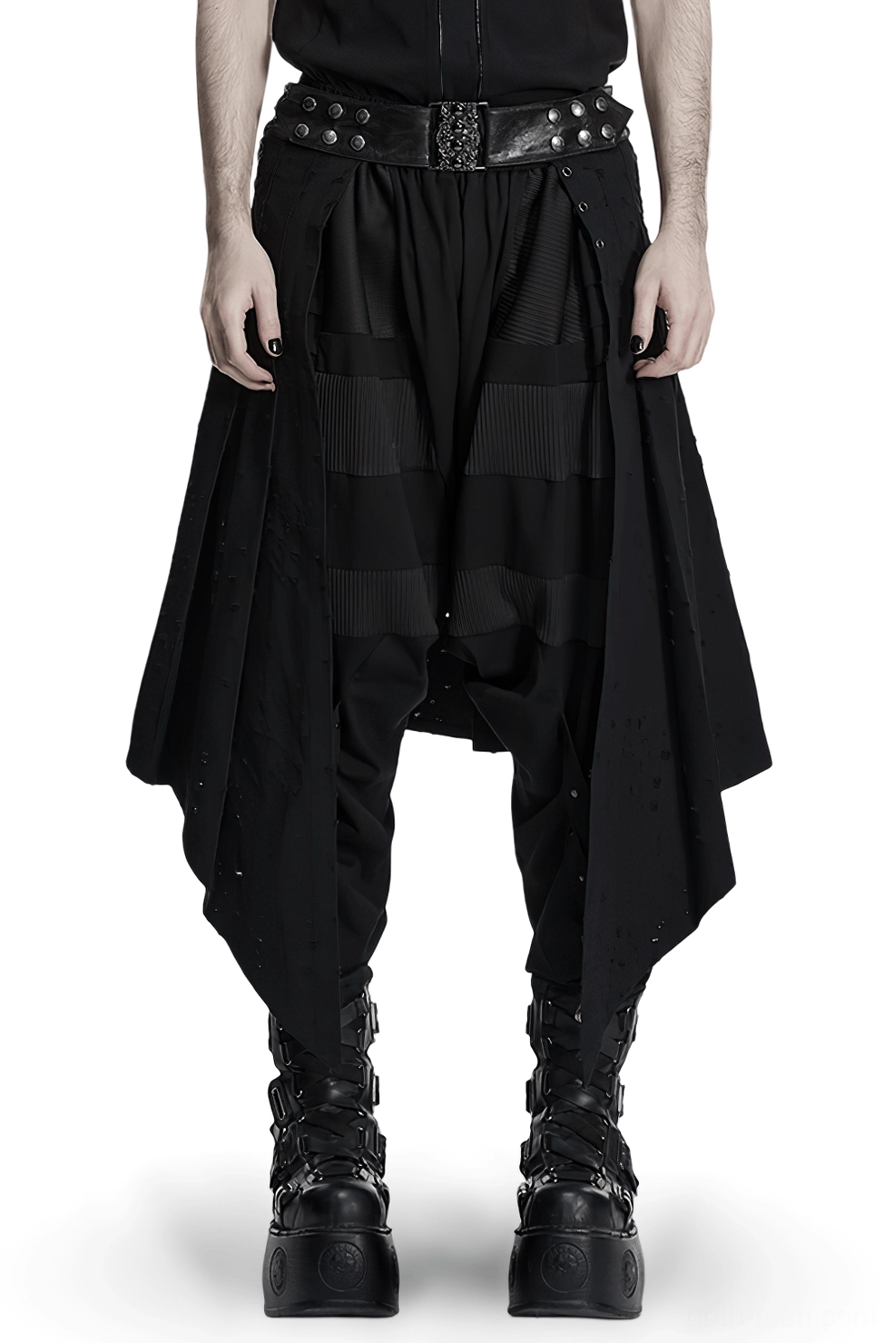 Men's gothic asymmetrical punk skirt with studded metal belt worn by model front view on white background