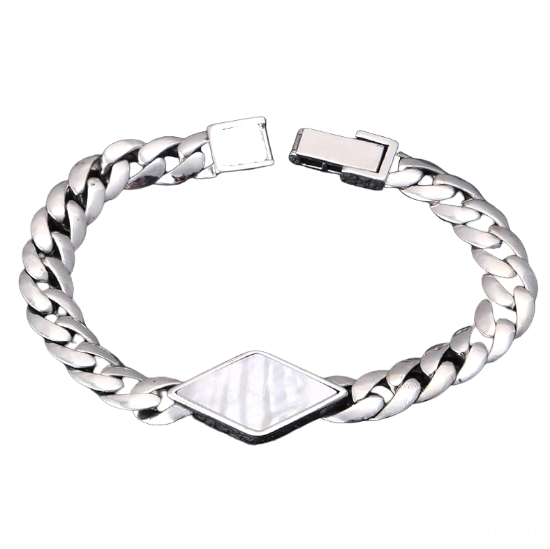 925 sterling silver men's gothic bracelet with rhombus shell inlay decoration and secure box clasp