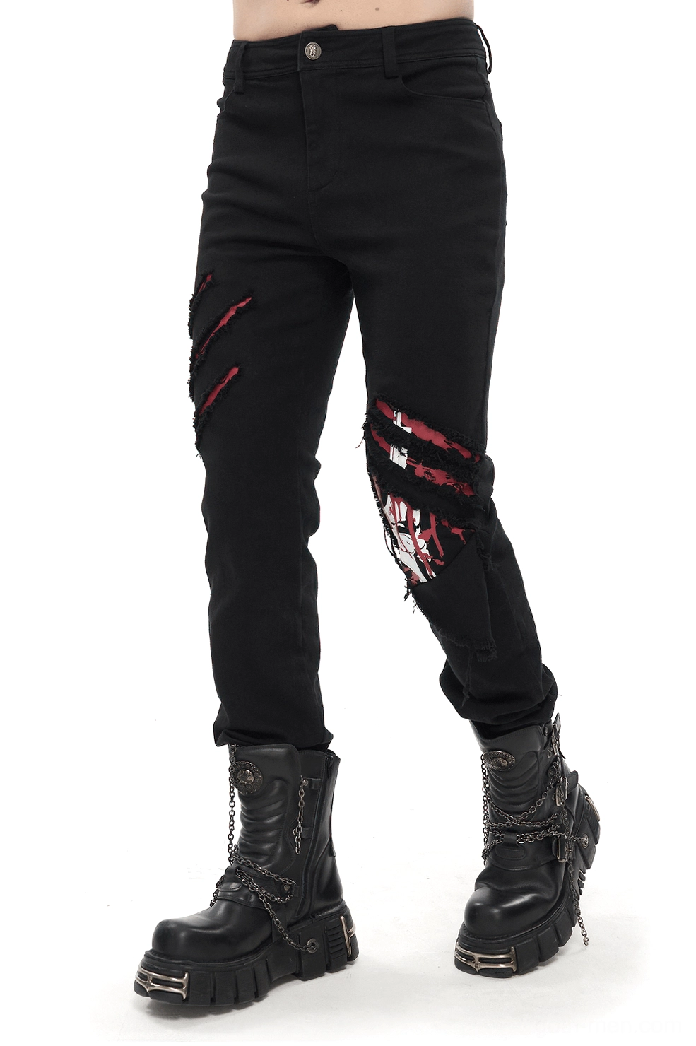 Men's gothic distressed ripped trousers front left view with red graphic print detail on black fitted pants