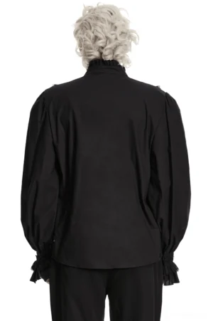 Black gothic ruffled lace shirt back view on male model - rear perspective showing solid back panel and dramatic ruffled lantern sleeve cuffs