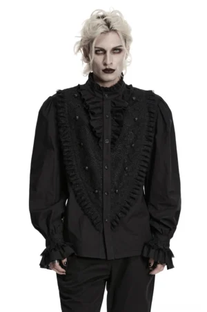 Men's Victorian gothic ruffle lace shirt with lantern sleeves front view worn by male model - dramatic black ruffled collar and lace panel detail