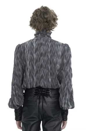 Back view of charcoal grey lace-up gothic shirt showing back waist lacing and puffed lace-up cuffs on male model
