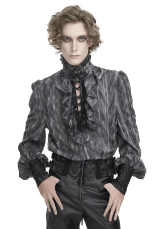 Men's charcoal grey Victorian gothic ruffle lace-up shirt front view on model with ruffled collar and front lacing details