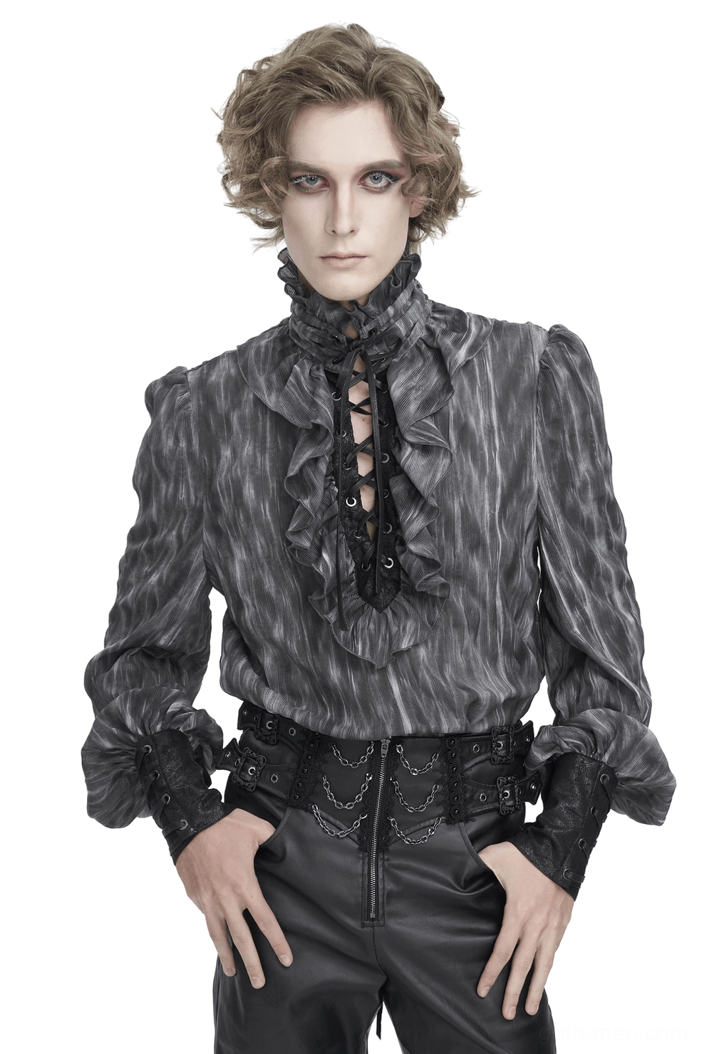 Men's charcoal grey Victorian gothic ruffle lace-up shirt front view on model with ruffled collar and front lacing details