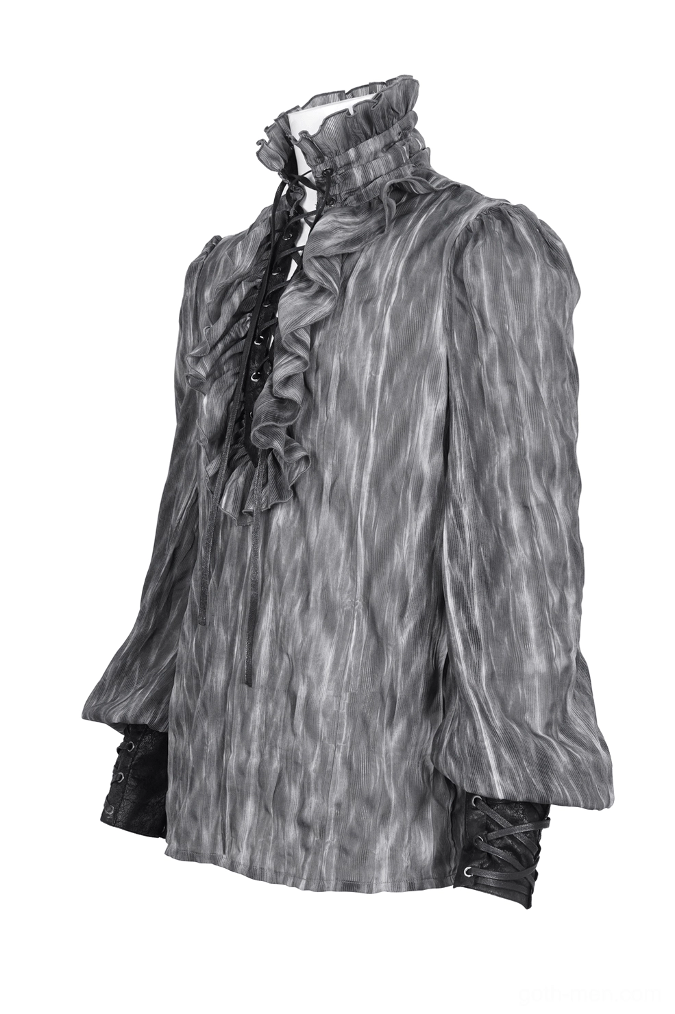 Three-quarter view of charcoal grey lace-up gothic shirt on mannequin showing high ruffled collar and marbled fabric texture
