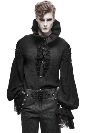 Black gothic stand collar shirt for men front view with ruffled placket and lace cuffs on model