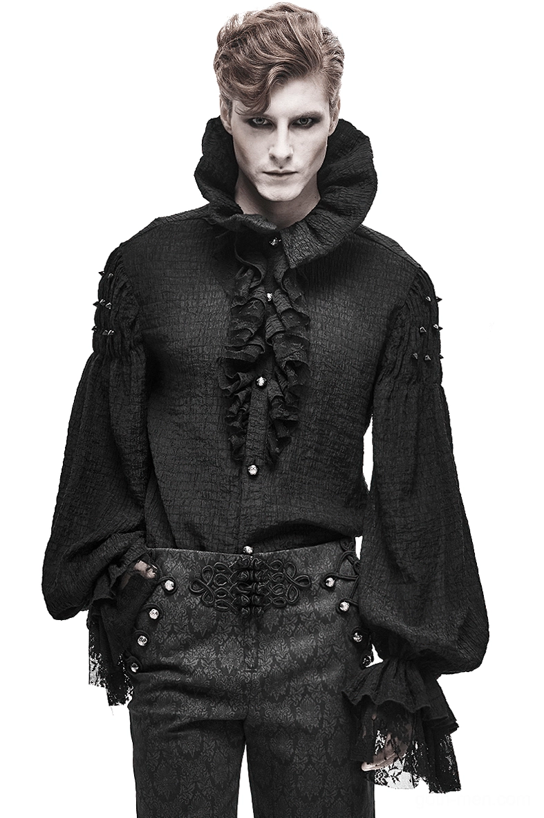 Black gothic stand collar shirt for men front view with ruffled placket and lace cuffs on model