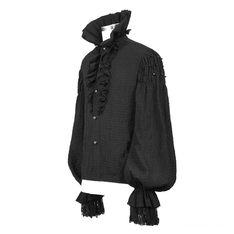 Black gothic men's shirt with ruffled stand collar and lace-trimmed cuffs mannequin display