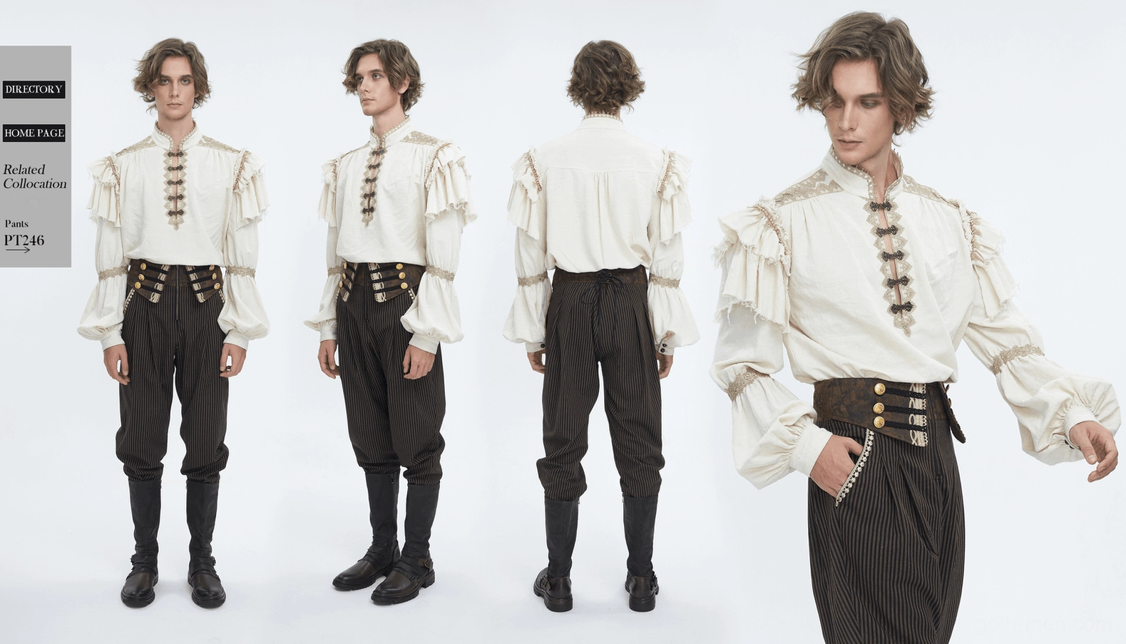 Men's gothic ruffled shirt complete product showcase with all styling elements