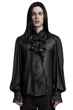 Men's gothic sheer chiffon ruffle shirt front view with ruffled placket and lantern sleeves, black pleated fabric with shimmer finish