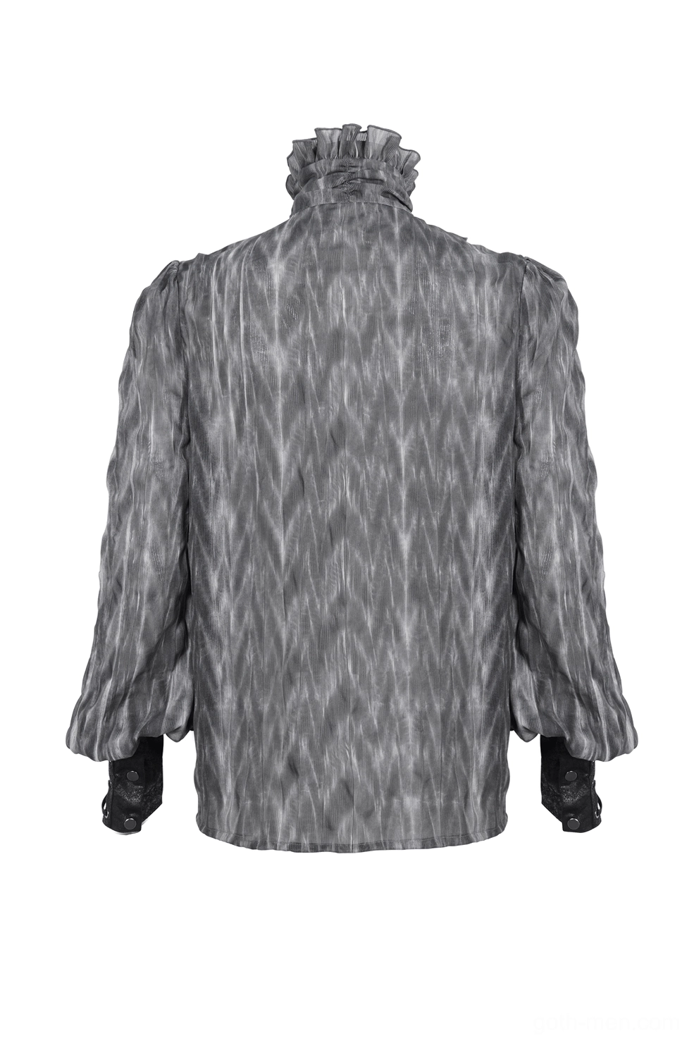 Mannequin back display of charcoal grey Victorian gothic shirt showing relaxed fit and marbled woven fabric composition