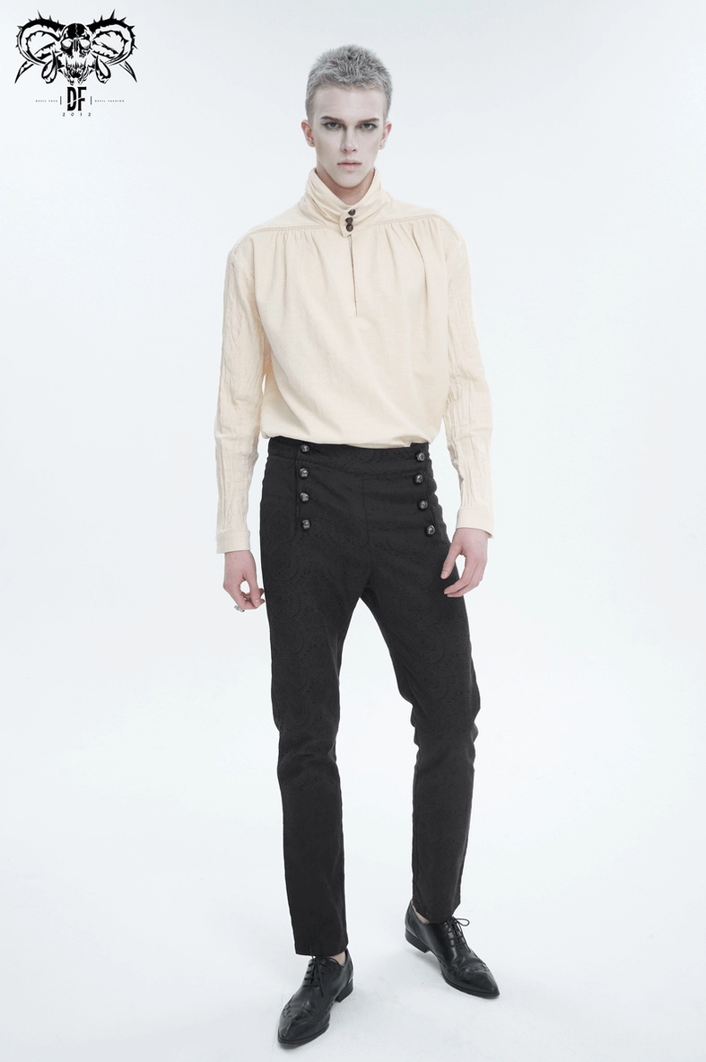 Men's vintage gothic stand collar shirt on model, rear angle showing high collar and gathered fabric at shoulders