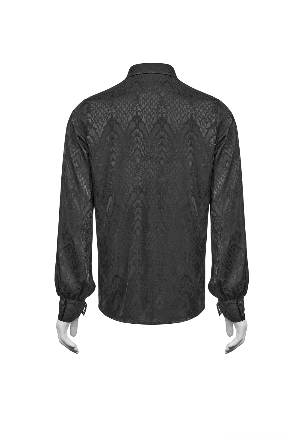 Men's gothic shirt rear view displaying clean hem and button cuff details with jacquard weave