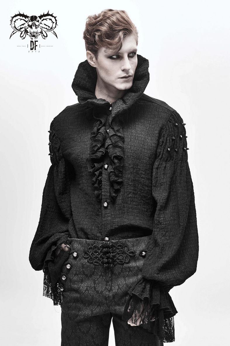 Gothic men's black shirt sleeve detail showing lace trim and draping on fitted wrist
