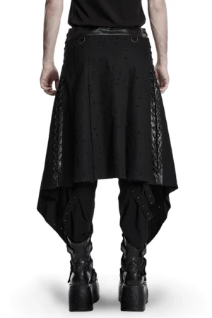 Black gothic swallowtail skirt rear view showing asymmetric draped hem and side panels