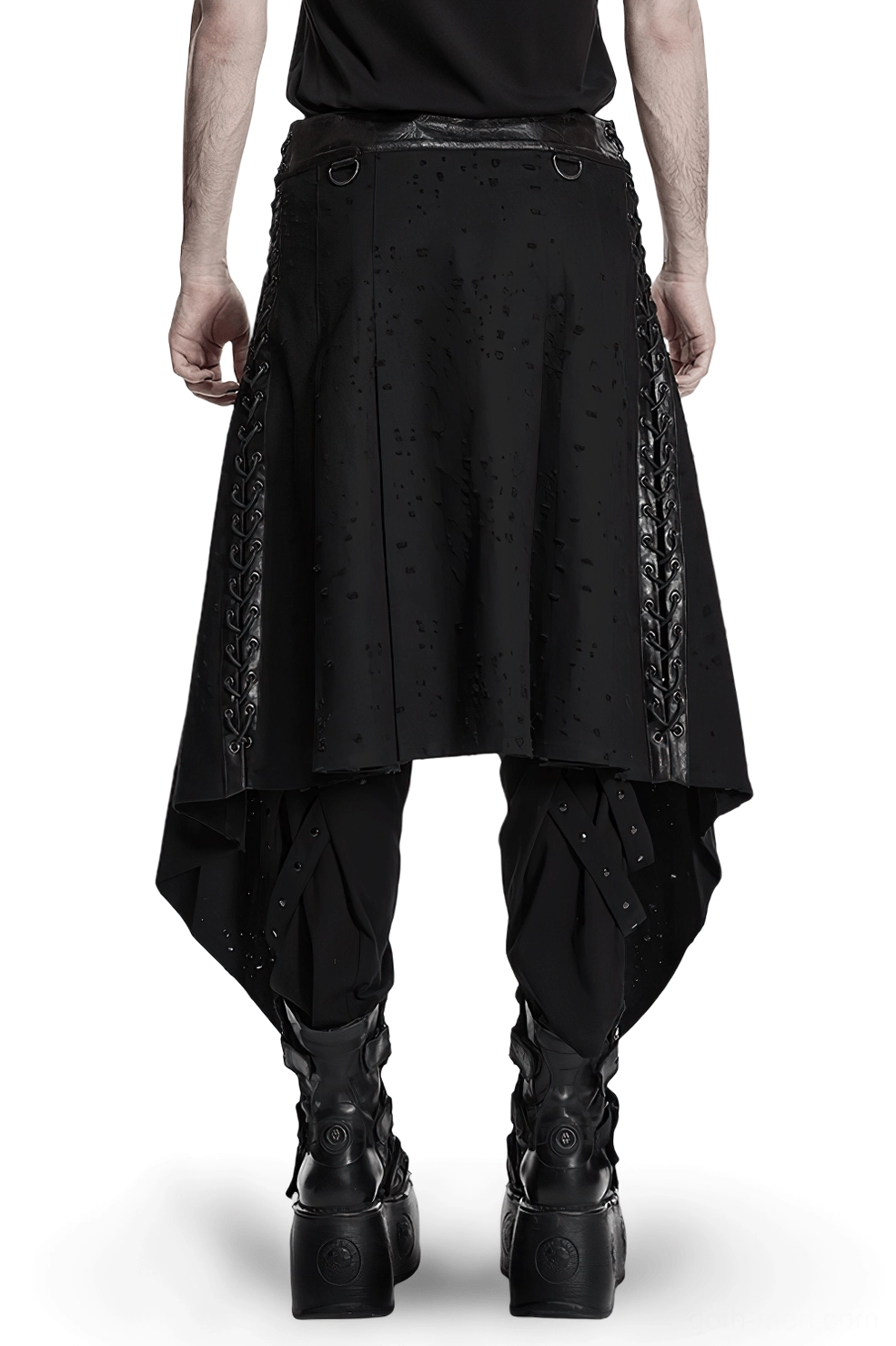Black gothic swallowtail skirt rear view showing asymmetric draped hem and side panels