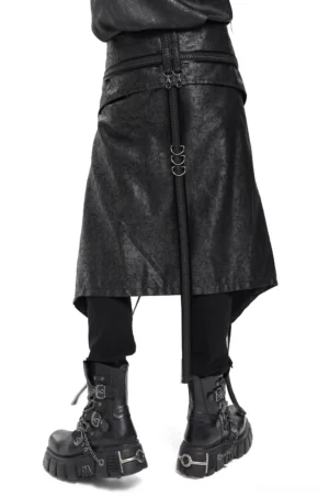 Rear three-quarter view of gothic punk strap skirt showing asymmetrical hem and central zipper closure
