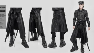 Final product showcase of black gothic punk layered strap skirt with complete hardware and strap configuration